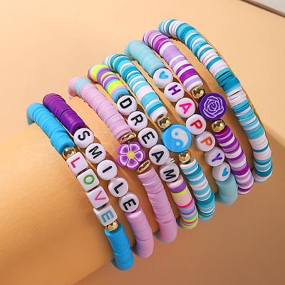 8Pcs 8 Colors Handmade Polymer Clay Heishi Bead Stretch Bracelet Set WG3957D-02-1
