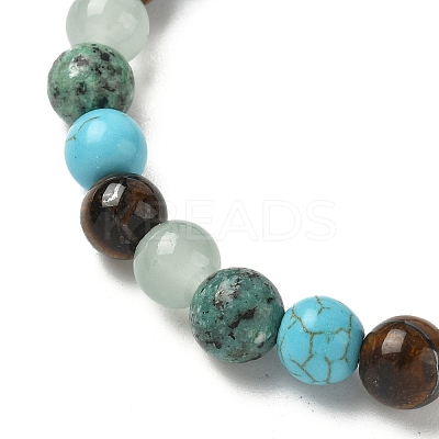 Round Natural Tiger Eye & Green Spot Jasper & Synthetic Turquoise & Glass Beads Stretch Bracelets for Girl Women FS-WGE0C43-02-1