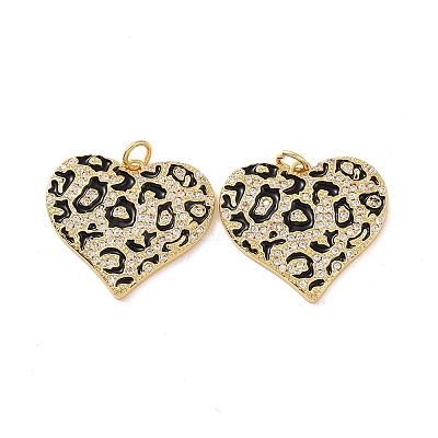 Heart with Leopard Print Pattern Brass Micro Pave Clear Cubic Zirconia Charms KK-G435-35G-1