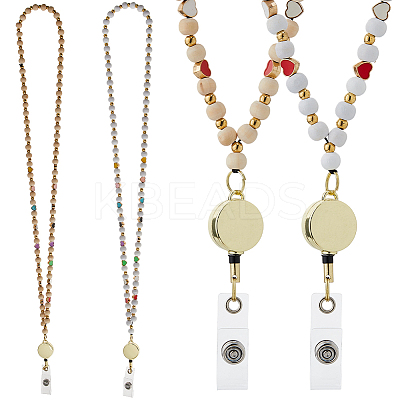 2Pcs 2 Colors Wood Beaded Retractable Badge Reel with Chains HJEW-FH00205-1