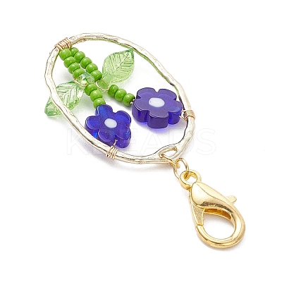 Oval with Flower Glass Seed Bead & Lampwork & Alloy Pendant Decoraitons HJEW-MZ00351-02-1