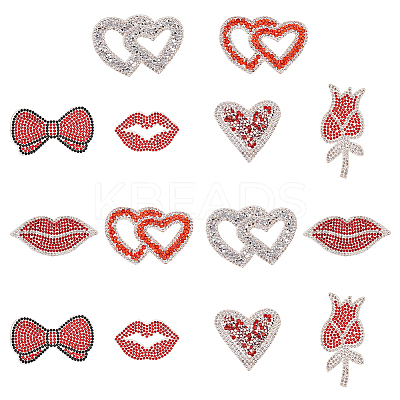 14Pcs 7 Style Valentine's Day Theme Hotfix Rhinestone Iron on Patches PATC-FG0001-70-1