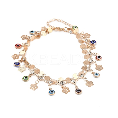 Alloy Crystal Rhinestone Disc Resin Evil Eye Tassel Double Layer Anklets for Women AJEW-A069-02G-1
