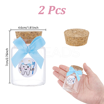 2Pcs Column Transparent Glass Baby Boy Teeth Empty Cork Bottles with Bowknot and Plastic Tooth Picture Stickers AJEW-NB00016-1