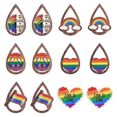12Pcs 6 Styles Printed Aspen Wood Big Pendants WOOD-YW0001-23-1