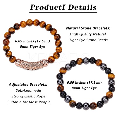 2Pcs 2 Style Dyed & Heated Natural Tiger Eye & Gemstone Stretch Bracelets Set BJEW-SW00092-1