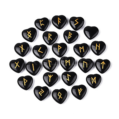 25Pcs Natural Obsidian Heart Rune Stones with Elder Futhark Alphabet Engraved G-T144-02G-1