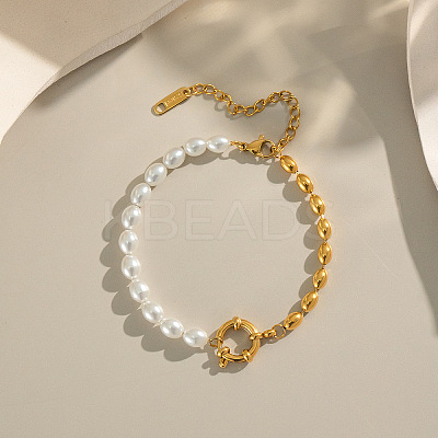 Fashion Plastic Pearl & 304 Stainless Steel Oval Beaded Link Bracelets for Women UP6693-1