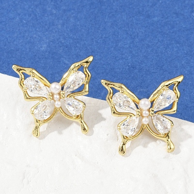 Butterfly Brass Micro Pave Cubic Zirconia Stud Earrings EJEW-M082-17G-02-1