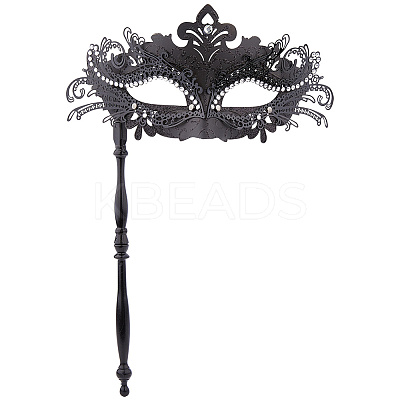 Plastic Rhinestone Masquerade Masks with Alloy Holding Stick AJEW-WH0270-891A-1
