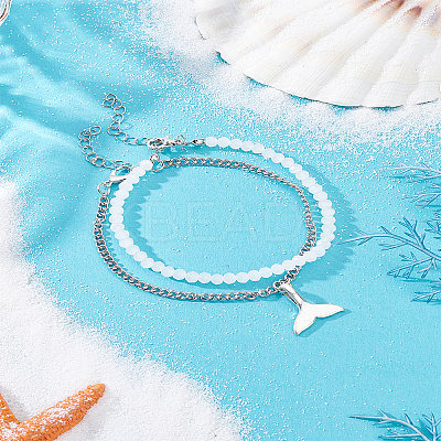 1P Zinc Alloy Twisted Chain Wahle Tail Charm Anklets and 1Pc White Faceted Round Acrylic Beaded Anklets AJEW-LP0007-68-1