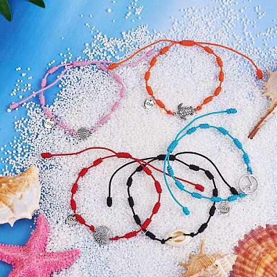 Natural Cowrie Shell & Tree & Turtle & Wave Link Bracelets Set BJEW-SW00030-1