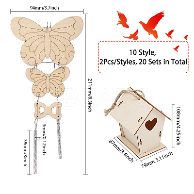 20 Sets 10 Style DIY Unfinished Wood Wind Chime & Bird House Making Kits DIY-BC0012-21-1