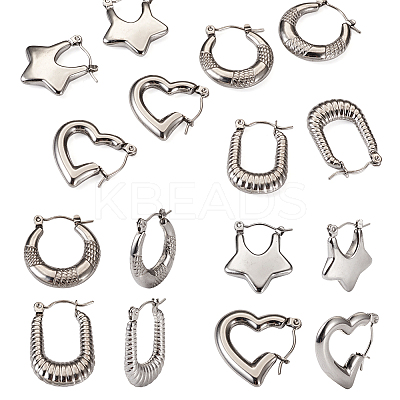 4 Pairs 4 Style Star & Rectangle & Heart & Croissant 304 Stainless Steel Hoop Earrings for Women EJEW-TA0001-17-1