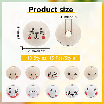 150Pcs 10 Styles Printed Wood European Beads WOOD-PH0002-84-1