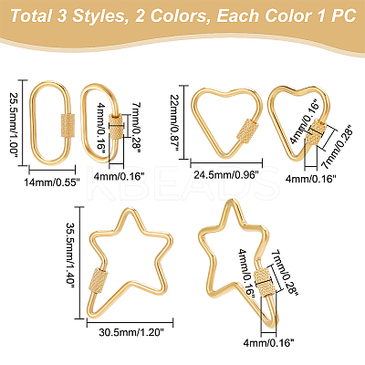 6Pcs 6 Styles 304 Stainless Steel Screw Carabiner Lock Charms STAS-UN0040-79-1