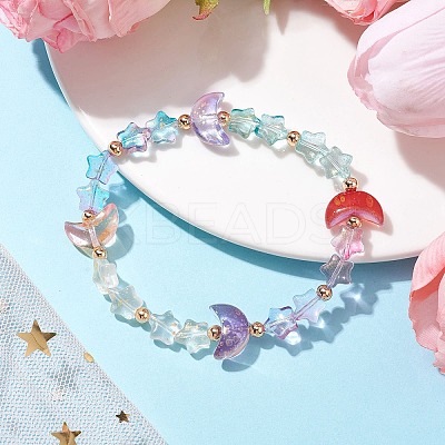 Moon and Star Glass Beaded Stretch Bracelet BJEW-JB09956-1