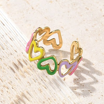Heart 304 Stainless Steel Enamel Open Cuff Rings for Women LS-RJEW-U034-01G-01-1