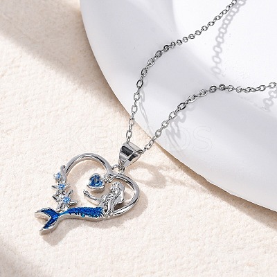 Brass Blue Cubic Zirconia Mermaid Heart Pendant Necklaces for Women LS-NJEW-C067-04P-1