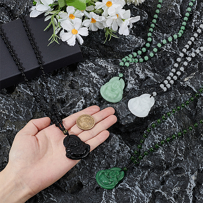 4Pcs 4 Colors Resin Imitation Gemstone Maitreya Buddha Pendant Necklaces Set NJEW-FI0001-07-1