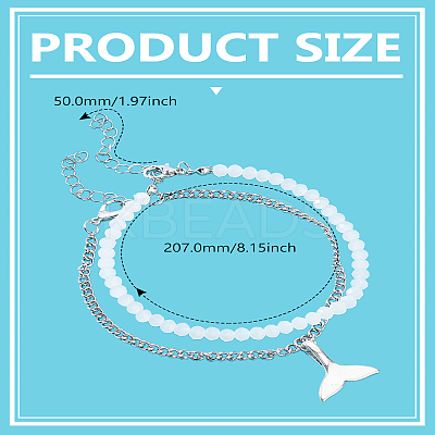 1P Zinc Alloy Twisted Chain Wahle Tail Charm Anklets and 1Pc White Faceted Round Acrylic Beaded Anklets AJEW-LP0007-68-1