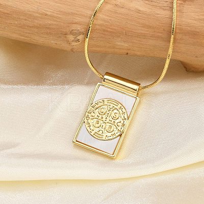 Brass Pave Shell Rectangle Saint Benedict Medal Cross Pendants Necklaces for Women NJEW-Z053-01G-02-1