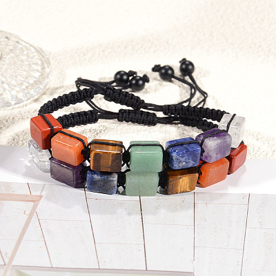 Natural Quartz Crystal & Amethyst & Sodalite & Green Aventurine & Red Aventurine & Tiger Eye & Red Jasper Cuboid Beaded Braided Bead Bracelets FS-WGE3E5A-03-1