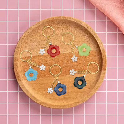 8Pcs 8 Color Flower Acrylic & Alloy Enamel Charm Keychains KEYC-PH01511-1