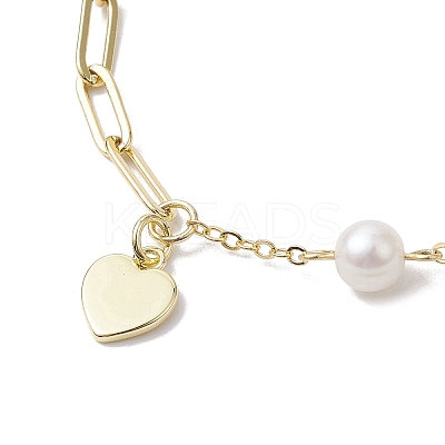 Natural Cultured Freshwater Pearl Beads Paperclip Chains Heart Charm Bracelets with Lobster Claw Clasps for Women BJEW-JB10192-1