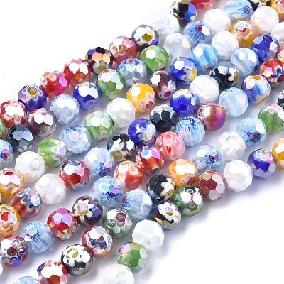 Faceted Round Handmade Millefiori Glass Beads Strands LK-R004-41-1