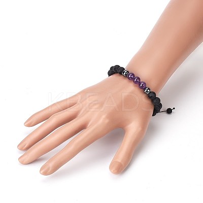 Natural Lava Rock and Non-Magnetic Synthetic Hematite Beads Braided Bead Bracelets BJEW-JB03975-01-1