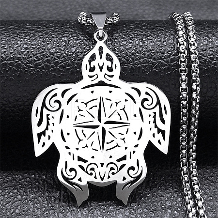 201 Stainless Steel Hollow Cut Compass Turtle Pendant Necklaces LS-NJEW-H065-04P-1