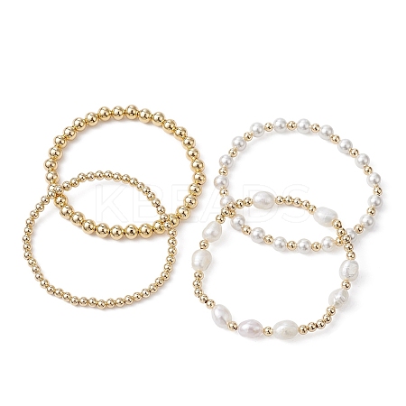 4Pcs 4 Style Natural Pearl & Brass Beaded Stretch Bracelets Set for Women BJEW-JB09662-01-1