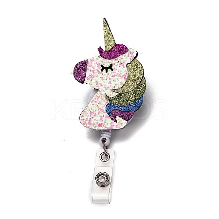 Unicorn Glitter Powder Felt & ABS Plastic Badge Reel X-AJEW-I053-40-1