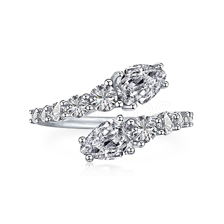 Rhodium Plated 925 Sterling Silver Snake Open Cuff Rings with Cubic Zirconia RJEW-F150-76P-1