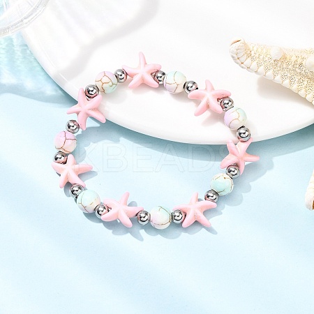 Starfish Synthetic Turquoise Beads & Brass Beads Stretch Bracelets BJEW-JB12417-02-1