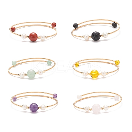 Natural Gemstone & Pearl Round Beaded Bangle BJEW-JB08464-1
