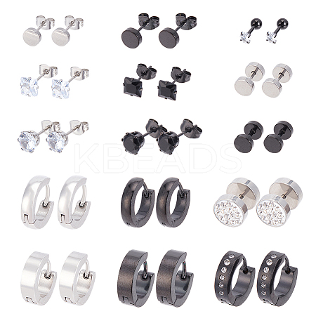 28Pcs 9 Style Clear Cubic Zirciona Diamond & Flat Round Stud Earrings & Ear False Plugs & Hoop Earrings EJEW-AN0003-46-1