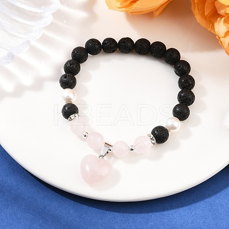 Natural Rose Quartz Heart Charms Bracelets BJEW-JB12402-01-1