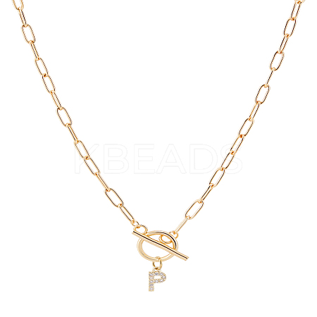 1Pc 304 Stainless Steel Chain & Brass Micro Pave Cubic Zirconia Letter Pendant Necklaces NJEW-LP0001-36P-G-1