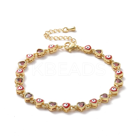 Enamel Evil Eye & Cubic Zirconia Heart Link Chain Bracelet BJEW-H555-01D-1