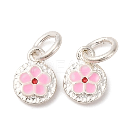 Fine Silver Pearl Pink Enamel Flat Round with Flower Charms STER-A047-04A-S-1