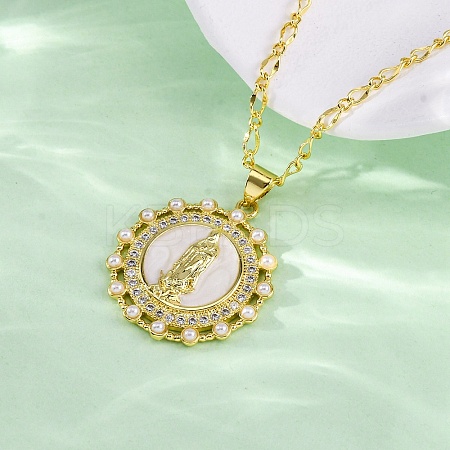 Brass Clear Cubic Zirconia Flat Round with Virgin Mary Pendant Necklaces LS-NJEW-C071-07A-G-1