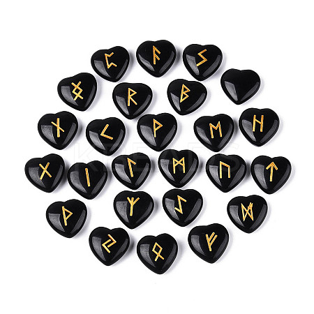 25Pcs Natural Obsidian Heart Rune Stones with Elder Futhark Alphabet Engraved G-T144-02G-1