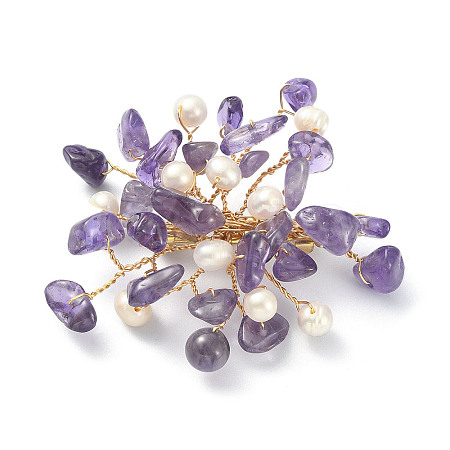 Natural Amethyst Chips & Pearl Beaded Flower Brooch Pin JEWB-BR00098-01-1