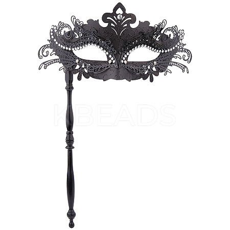 Plastic Rhinestone Masquerade Masks with Alloy Holding Stick AJEW-WH0270-891A-1