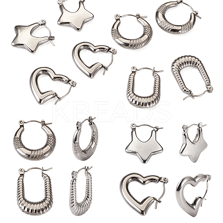 4 Pairs 4 Style Star & Rectangle & Heart & Croissant 304 Stainless Steel Hoop Earrings for Women EJEW-TA0001-17-1