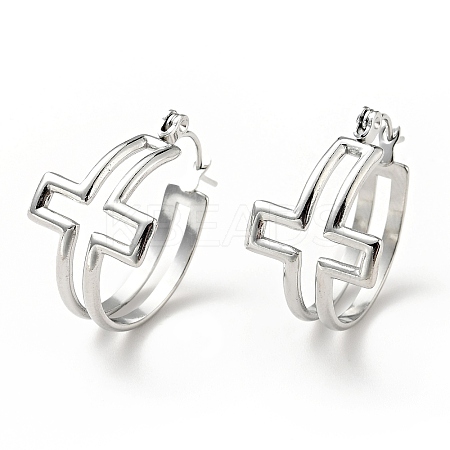 Non-Tarnish 304 Stainless Steel Cross Hoop Earrings for Women LS-EJEW-G293-02P-1