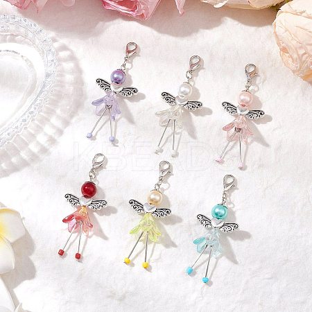 6Pcs 6 Colors Fairy Alloy Beaded & Glass & Acrylic Beaded Pendant Decoration HJEW-JM03064-1