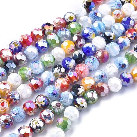Faceted Round Handmade Millefiori Glass Beads Strands LK-R004-41-1